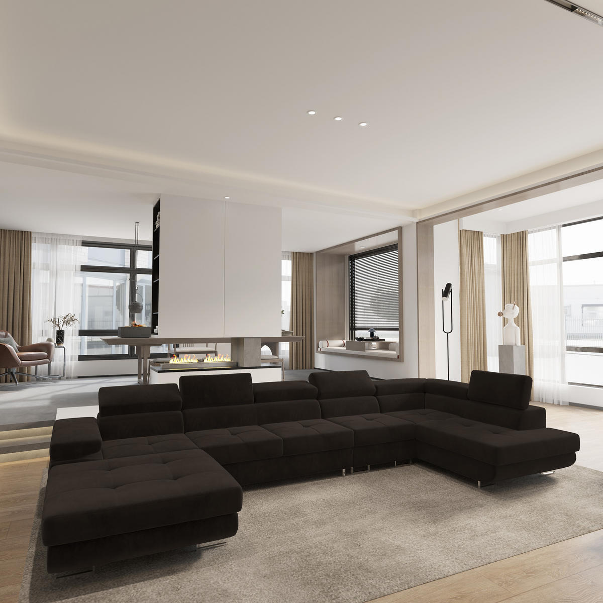 WOHNLANDSCHAFT VELORA R-S Braun Velours-Stoff mit Schlaffunktion - Braun, Holz (419/90/202cm) - MASSENO