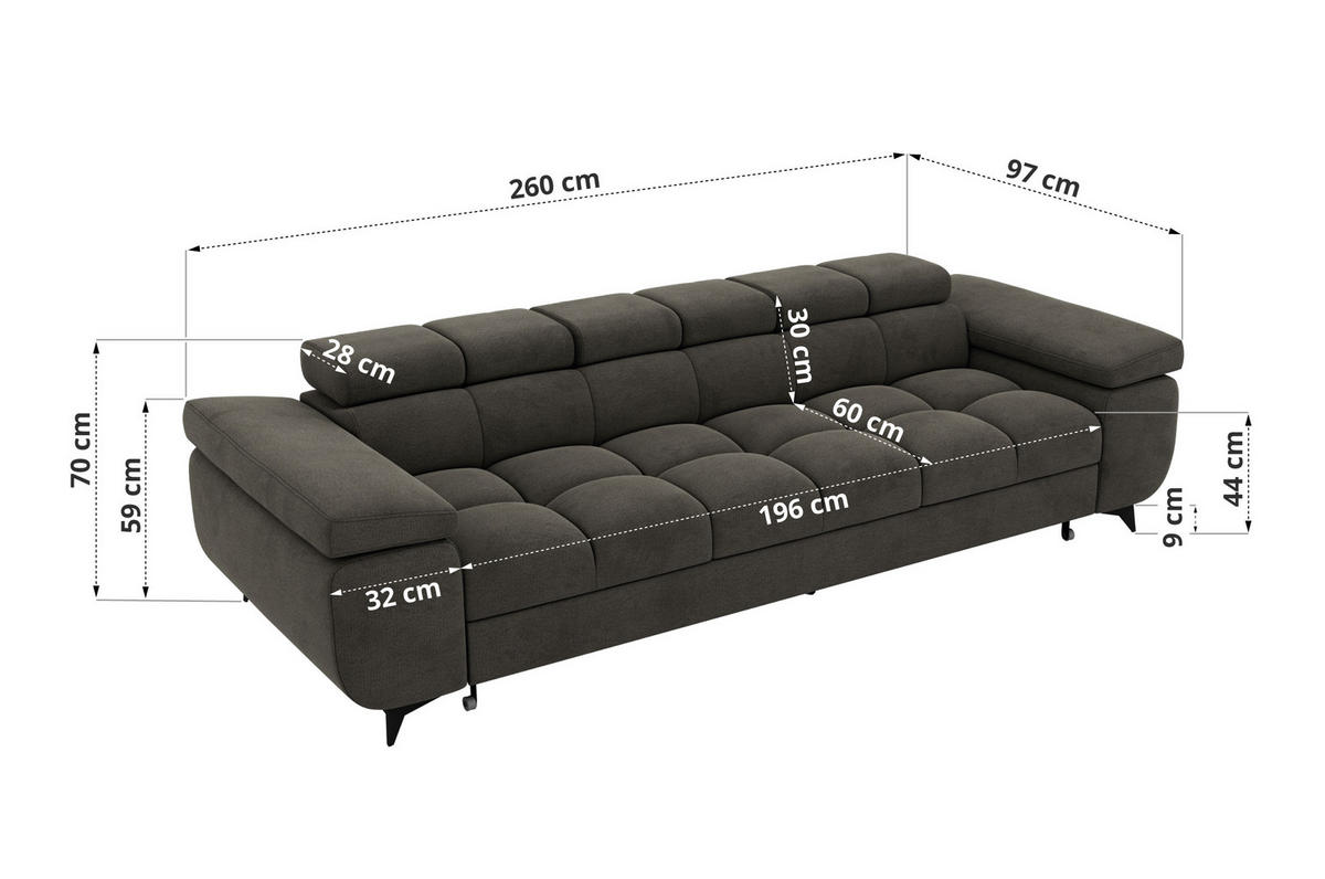 TŘÍMÍSTNÁ POHOVKA NIDELLO - Tmavě šedá Samet - černá/tmavě šedá, kov/textil (260/70/97cm) - MKS
