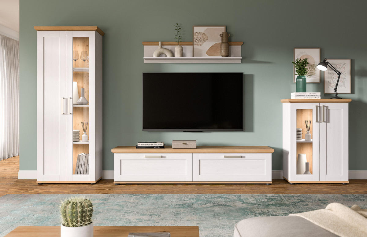 WOHNWAND 4-teilig weiß Lärche, Eiche Artisan 316 cm Landhaus, Schrankwand mit viel Stauraum - Silberfarben/Schwarz, Holzwerkstoff/Kunststoff (316/161/40cm) - Inn.Furn