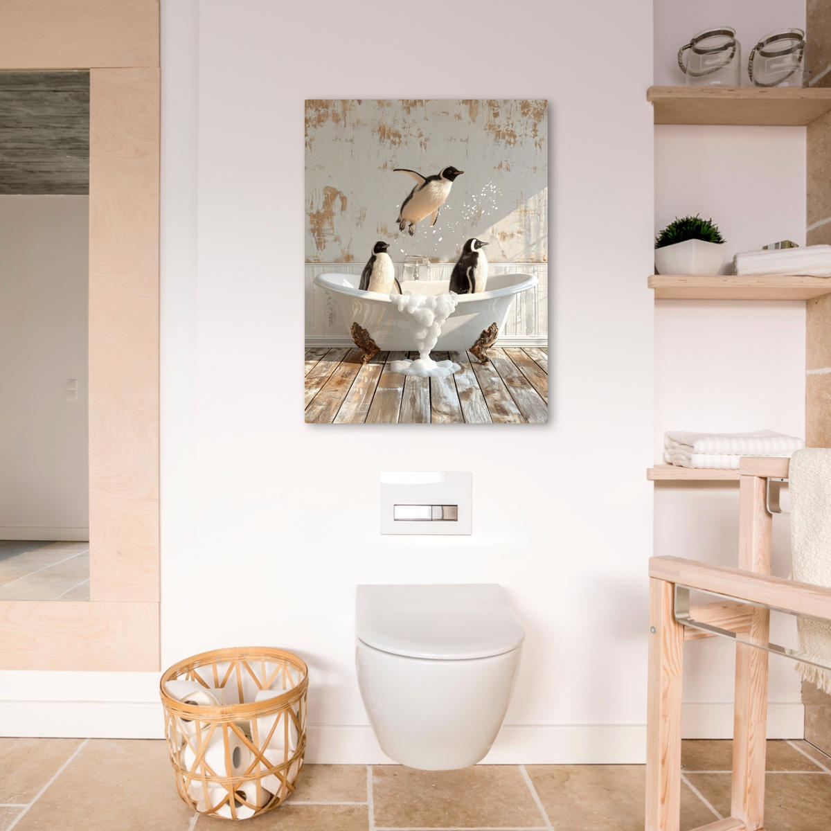 LEINWANDBILD Vintage - Pinguin - Badewanne - Schaumstoff 60x80 cm - Schwarz, Textil (60/80cm) - MuchoWow