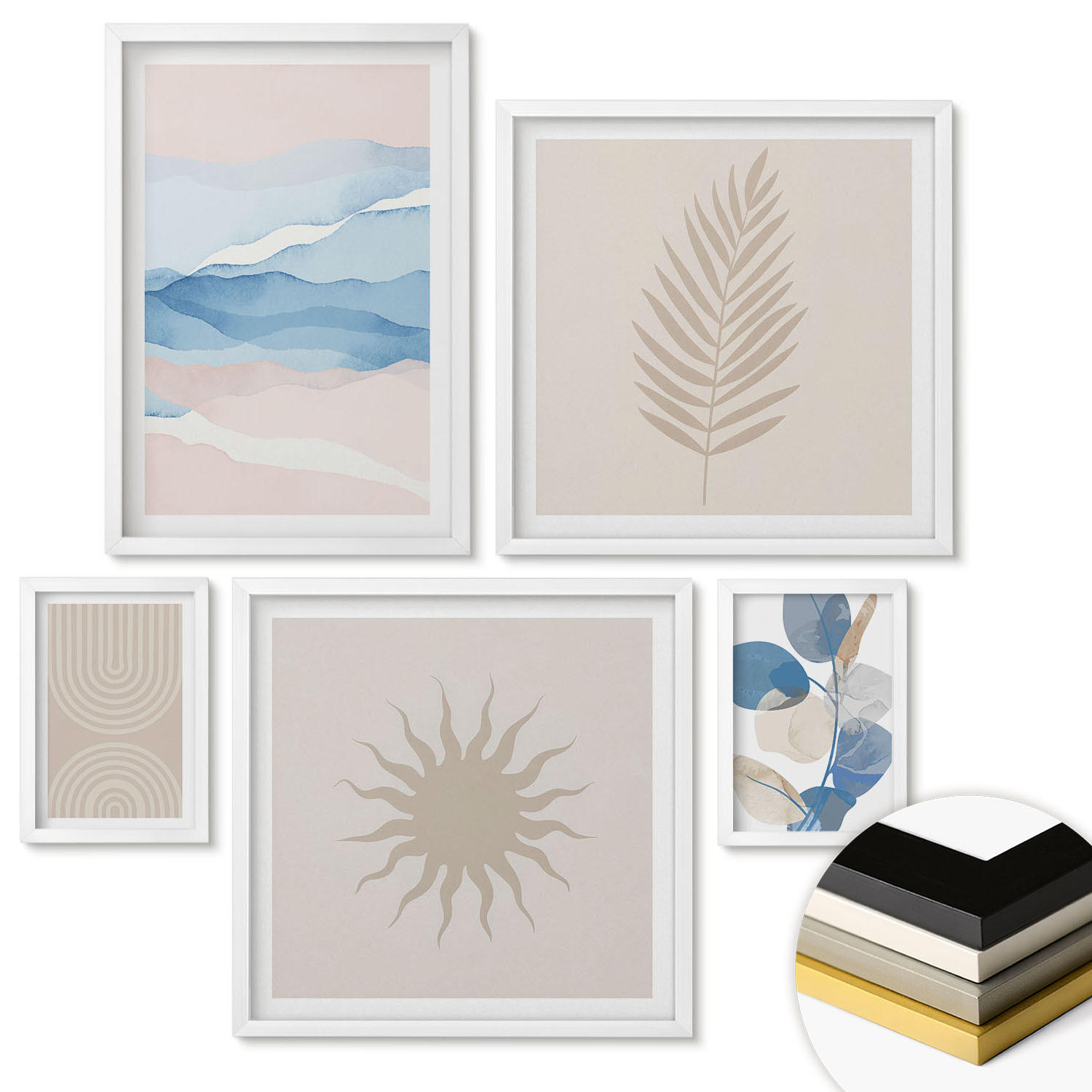 WANDBILDER 5er-Set - 50x50 cm & 20x30 cm & 40x60 cm Weißer Rahmen - Abstrakte Linien der Sonnenwellen - Weiß, Kunststoff (40/60cm) - ArtPrintCave