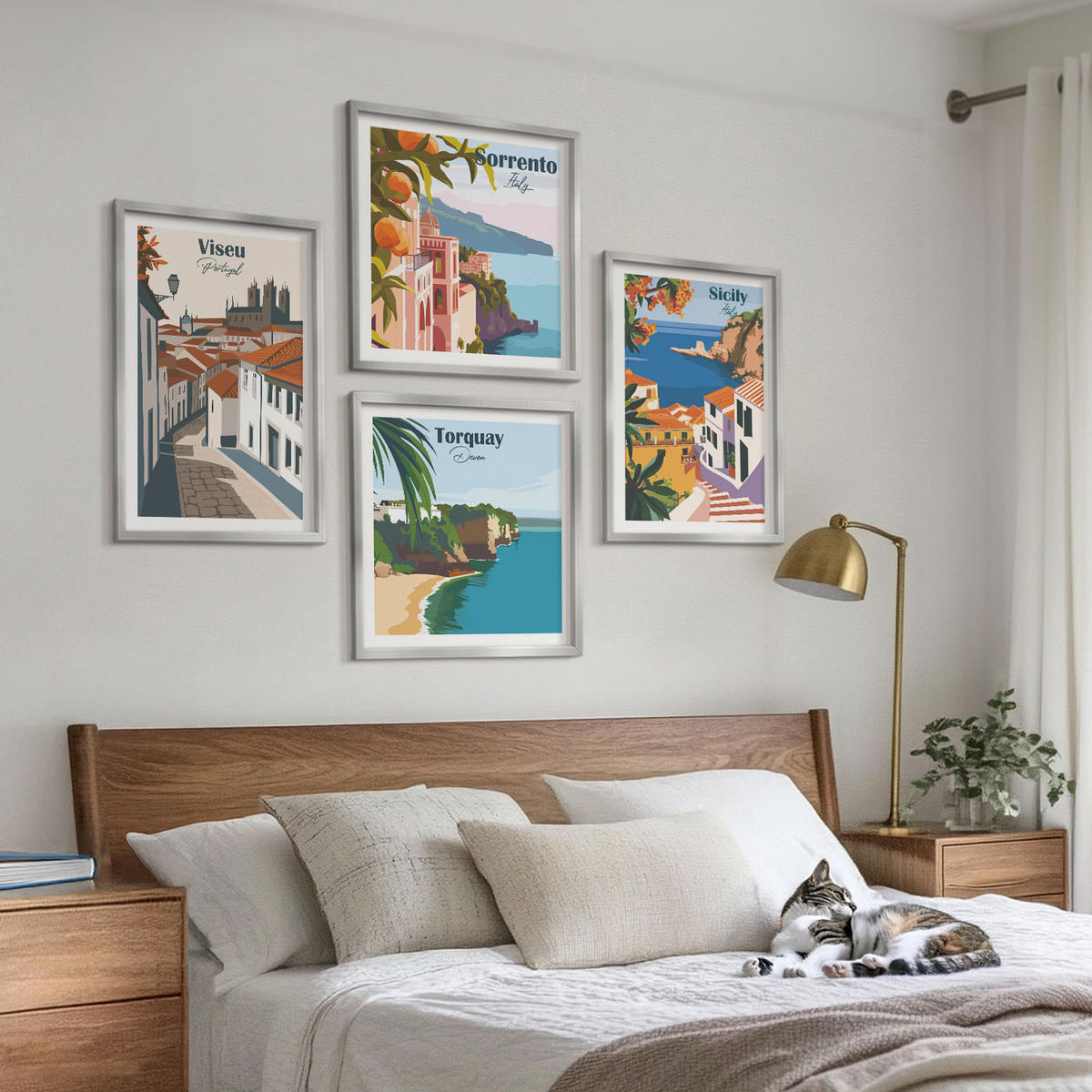 WANDBILDER 4er Set - 50x50 cm & 40x60 cm Silberner Rahmen - Retro-Illustrationen von Weltstädten - Silberfarben, Kunststoff (50/50cm) - ArtPrintCave