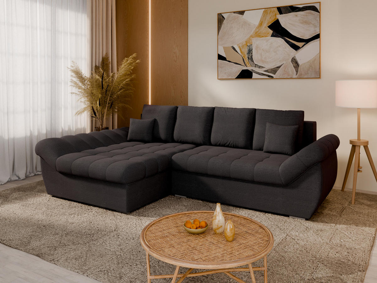 ECKSOFA ZAYA mit Schlaffunktion L-Form, Sofa mit Bettkasten, Wohnzimmersofa, Couch, Soffa, Bettsofa, LINKS- Anthracite - Anthrazit, Holz (279/175cm) - Homesy