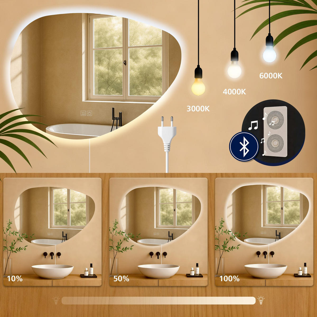 BADSPIEGEL Basel 65x75 Bluetooth 75x3,5x65cm Glas Klarglas Badezimmerspiegel - Klar, Glas (75/65/3.5cm) - DELUKE