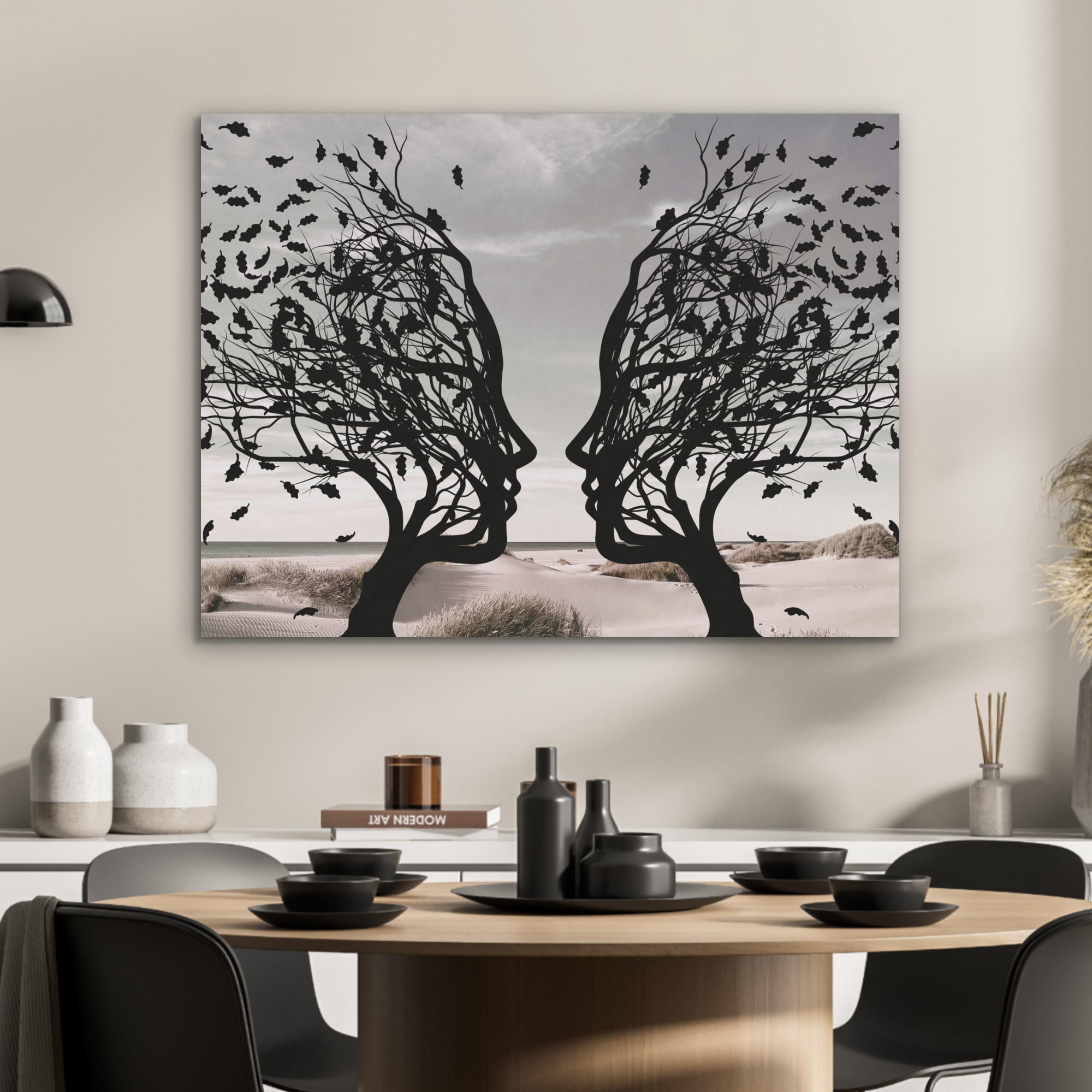 AKUSTIKPANEEL Strand - Meer - Menschen - Baum - Moderne Kunst 80x60 cm - Hellgrau, Textil (80/0.9/60cm) - MuchoWow