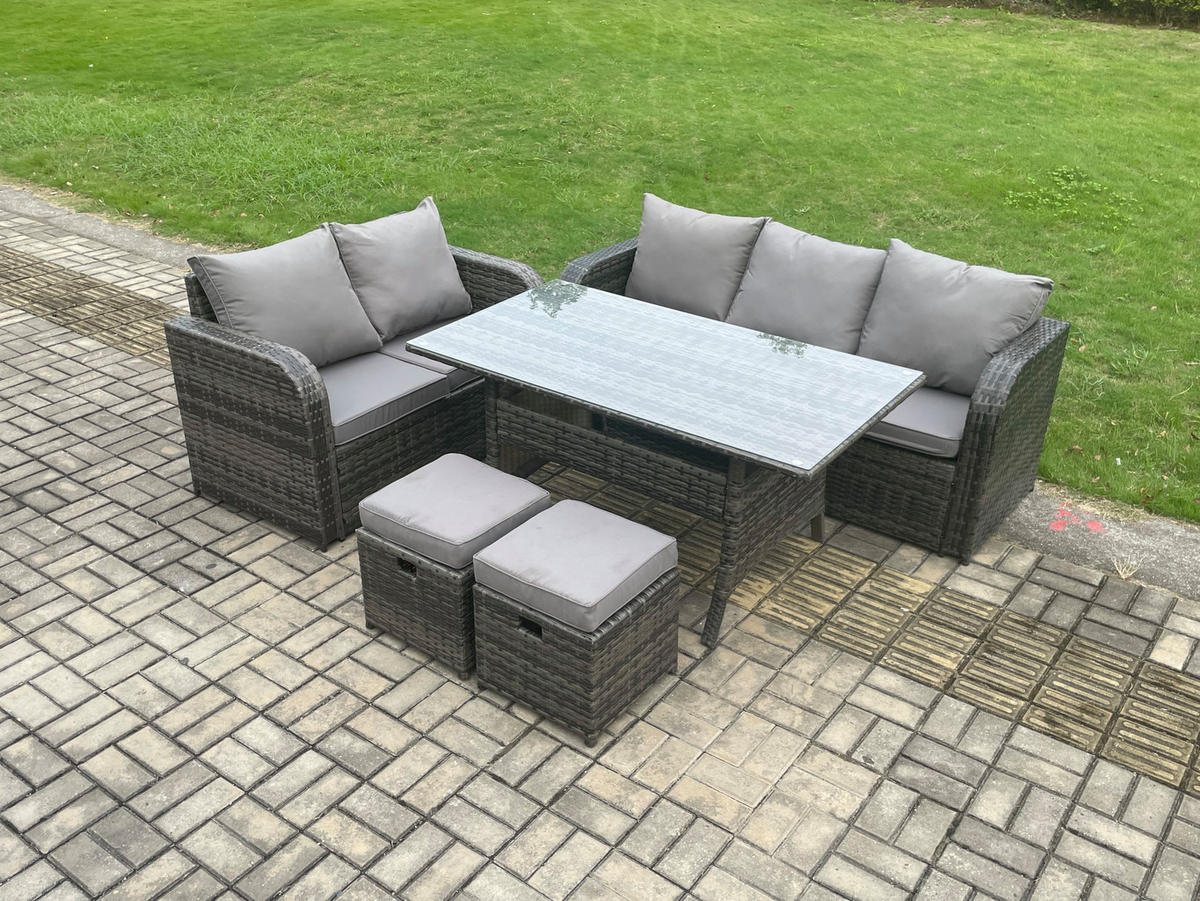 GARTENMÖBELSET mit Esstisch,Zweisitzer,Hocker Polyrattan Dunkelgrau 7-Sitzer - Dunkelgrau/Grau, Glas/Kunststoff - Fimous