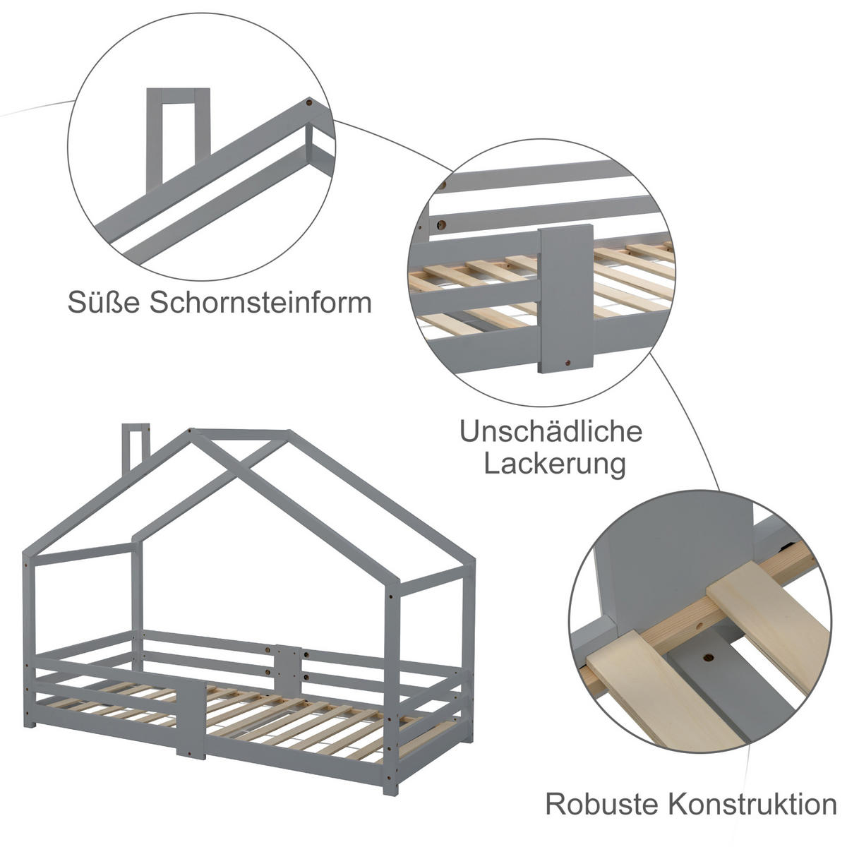 DĚTSKÁ postýlka 90/200 cm s domečkovým designem, ochranným zábradlím a 15 lamelami, Šedá - šedá, dřevo (90/90cm) - Redom