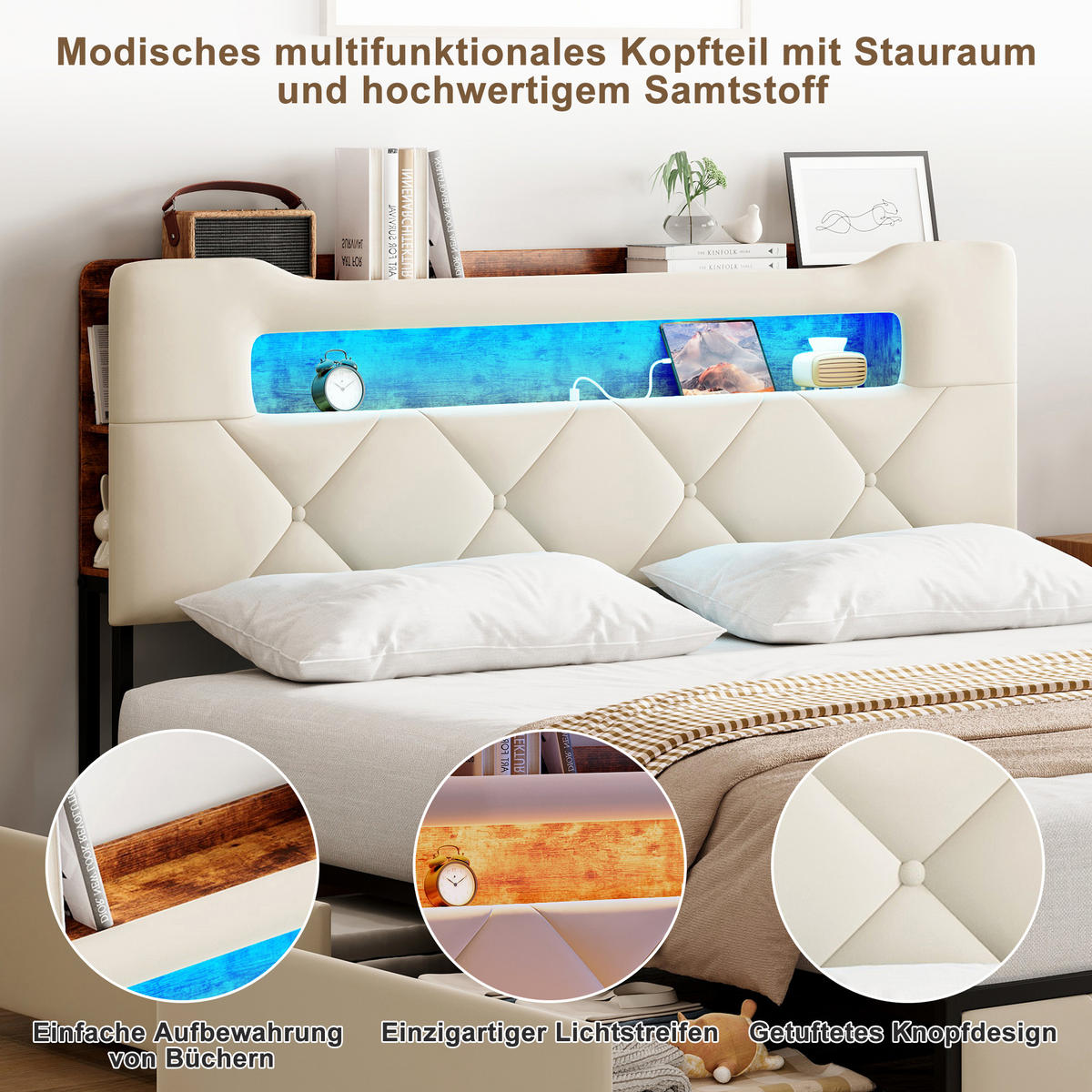 POLSTERBETT 140x190 cm Beige mit 4 Schubladen, LED Beleuchtung, Stauraum Kopfteil mit USB und Typ-C - Beige, Metall (140/190cm) - EuroLiving
