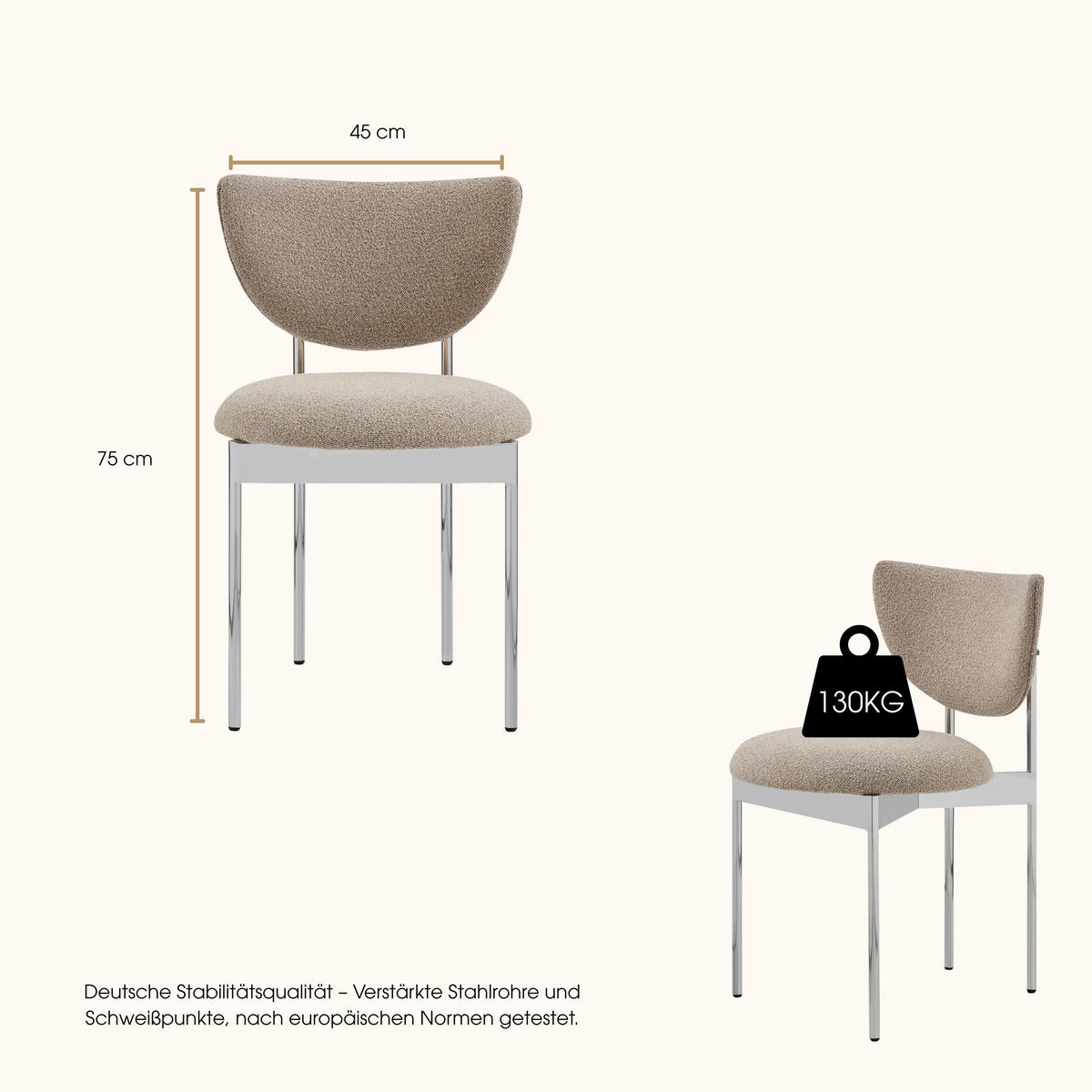 STUHL-SET DE-36862 2 Stück mit Stoffbezug Khaki - Sandfarben/Silberfarben, Metall (47/76/54cm) - ComfortXL
