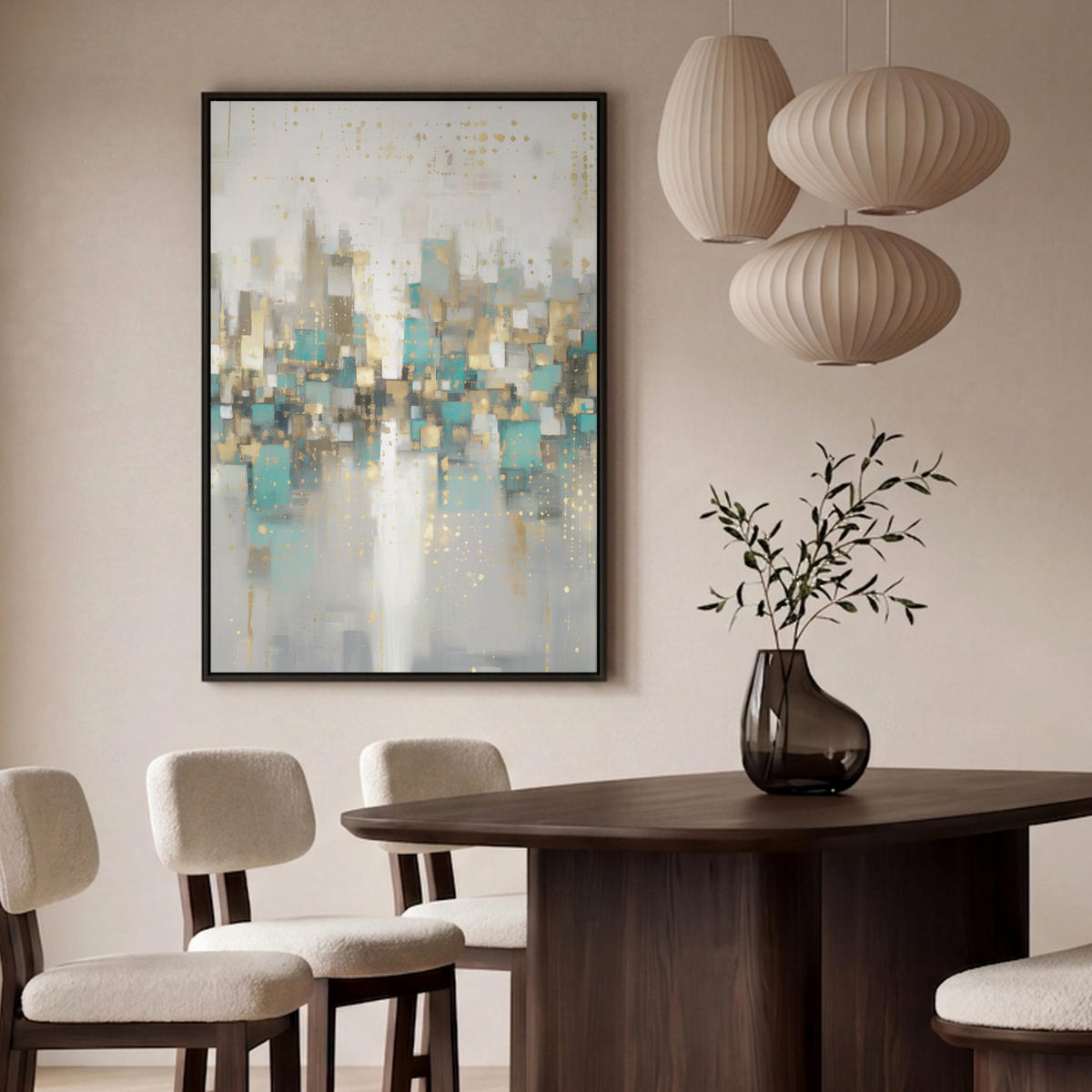 LEINWAND Bilder mit Rahmen - Abstrakt - Blöcke - Gold - Skyline - 80x120 - Beige, Textil (80/120cm) - MuchoWow