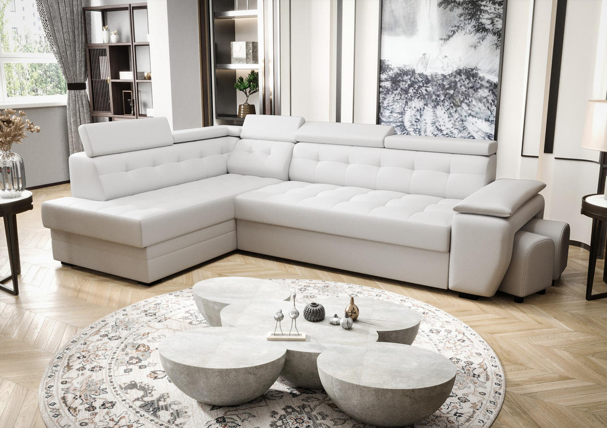 ECKSOFA KONGO RBN15, Eckcouch in L-Form mit Schlaffunktion, Farbe: Weiß, Kunstleder, Ottomane Links - Weiß, Textil (277/180cm) - O-Sofa
