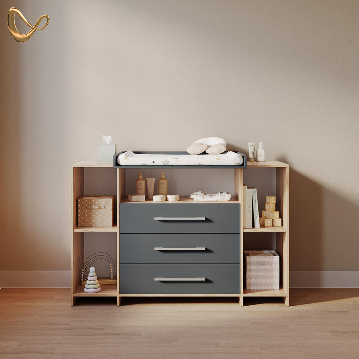 WICKELKOMMODE Torino Anthrazit/Sonoma XL mit Schubladen - Anthrazit/Sonoma Eiche, Holzwerkstoff (143/100/70cm) - Livinity®