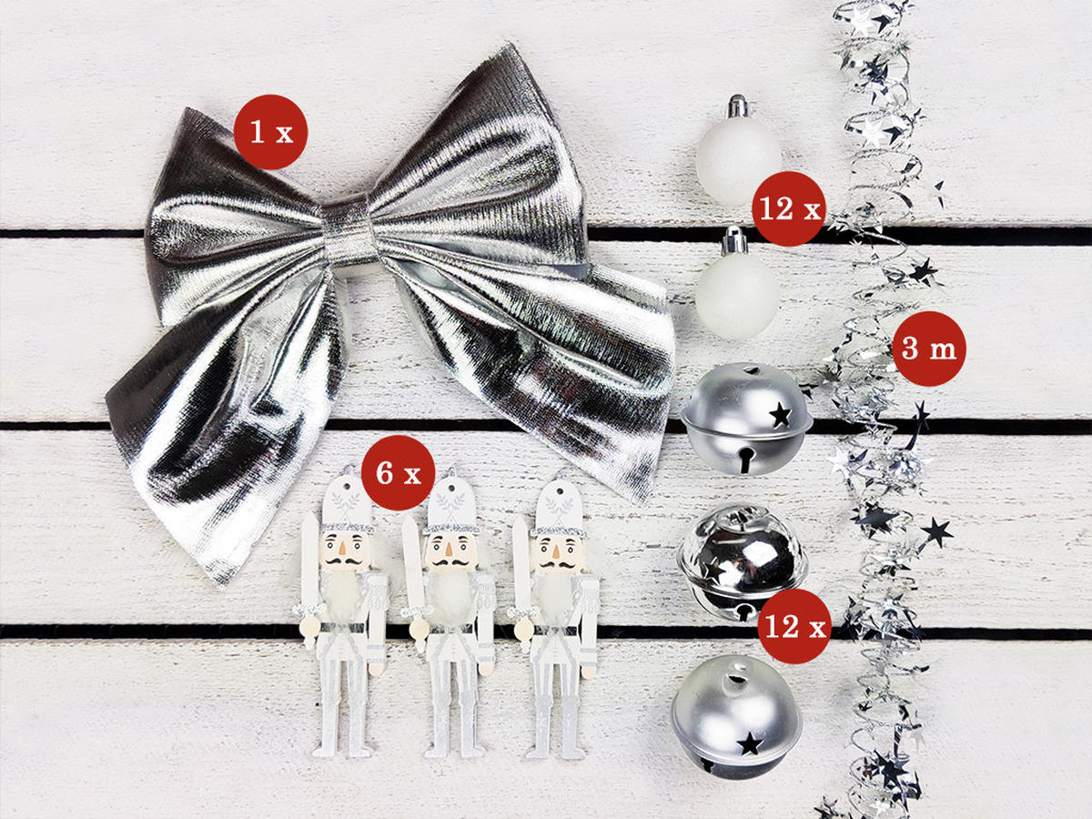 WEIHNACHTSBAUM künstlicher 60 cm mit LED-Beleuchtung, SILBERSOLDAT, mit 32 Weihnachtsbaumschmuck, Pflanztopf mit Jutesack - Silberfarben/Weiß, Kunststoff/Stein (40/60cm) - LAALU