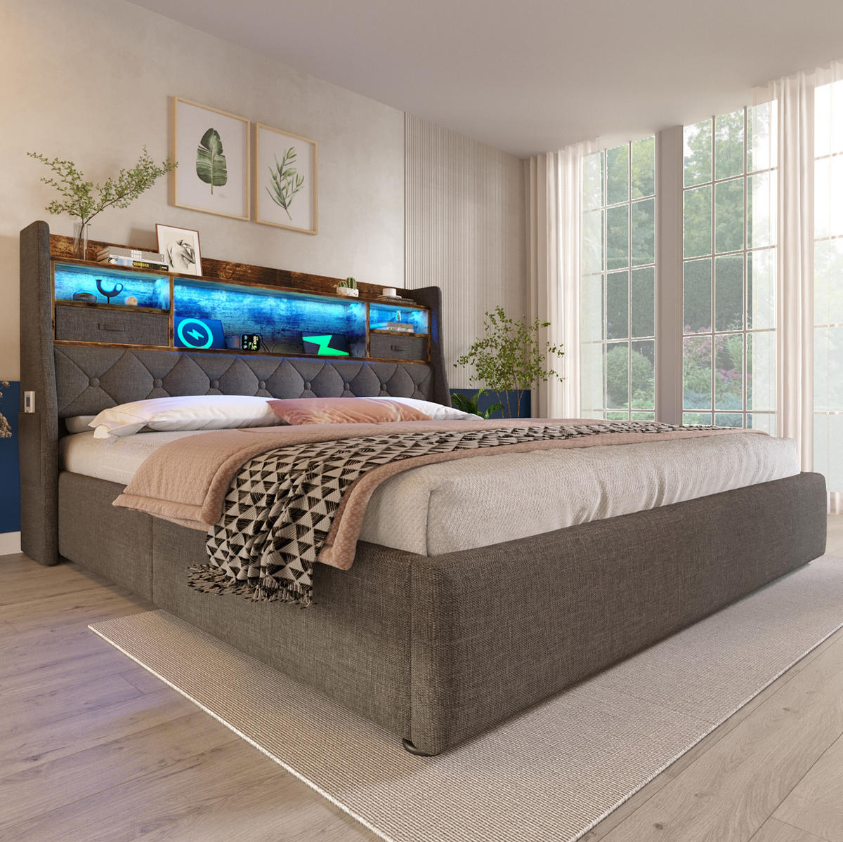 POLSTERBETT mit Stauraum 140x200 cm Leinen Grau mit LED - Grau, Metall (140/200cm) - Meubliv