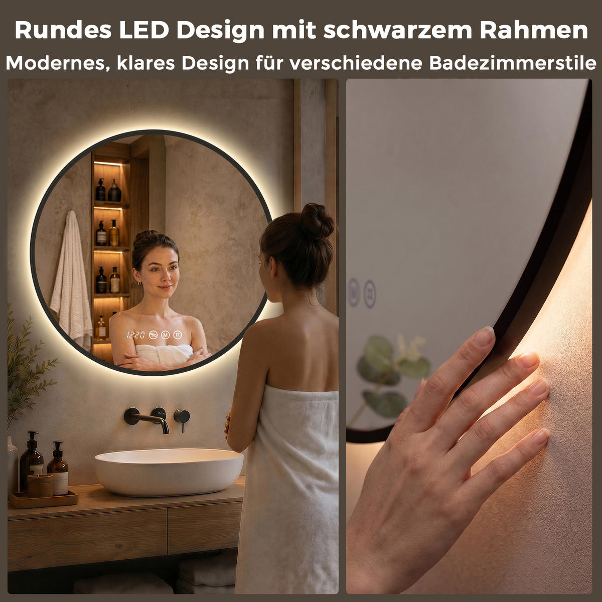 BADSPIEGEL mit Beleuchtung 60 cm rund schwarz mit Aluminiumrahmen, LED dimmbar und Antibeschlag - Schwarz, Glas (60/60/3.3cm) - S'AFIELINA