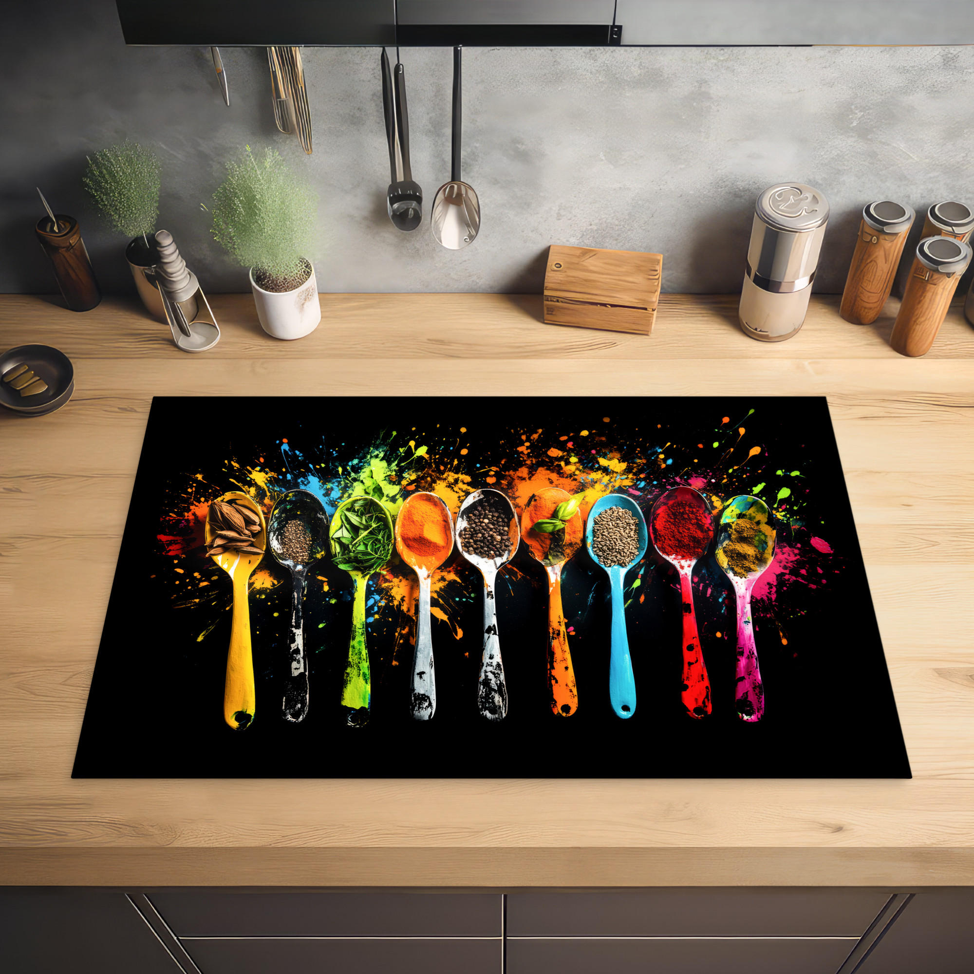 HERDABDECKPLATTE Löffel - Gewürze - Modern - Graffiti - Farbe - Farbenfroh 81x52 cm - Multicolor, Kunststoff (81/0.2/52cm) - MuchoWow