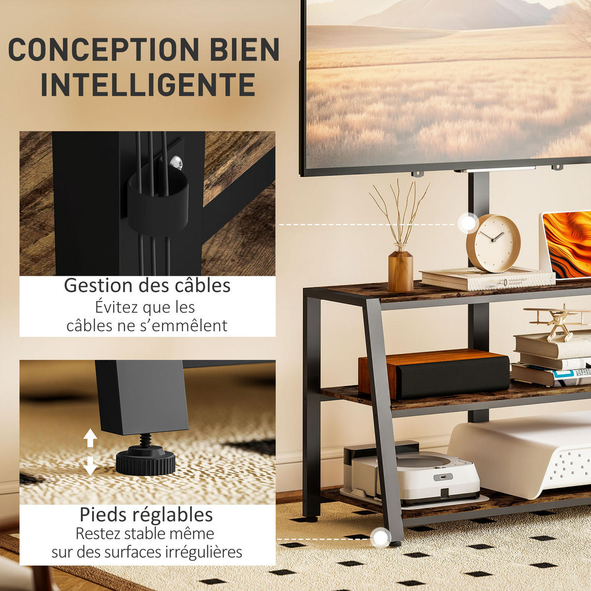 TV-SCHRANK Braun/Schwarz 108/41/135 cm, Mit TV-Halterung, Schwenkbar, Offene Fächer - Braun, Holzwerkstoff (108/135/41cm) - PANGIVO