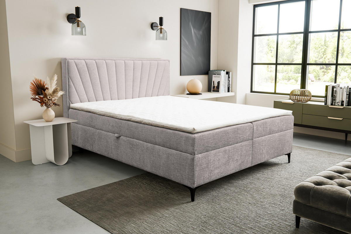 BOXBETT Cimone mit 2 Bettkästen, Maße: 180x200 cm, Farbe: Beige , Velourstoff, mit Bonell-Matratze inkl. Topper - Beige, Holz/Kunststoff (180/200cm) - VENASI MÖBEL