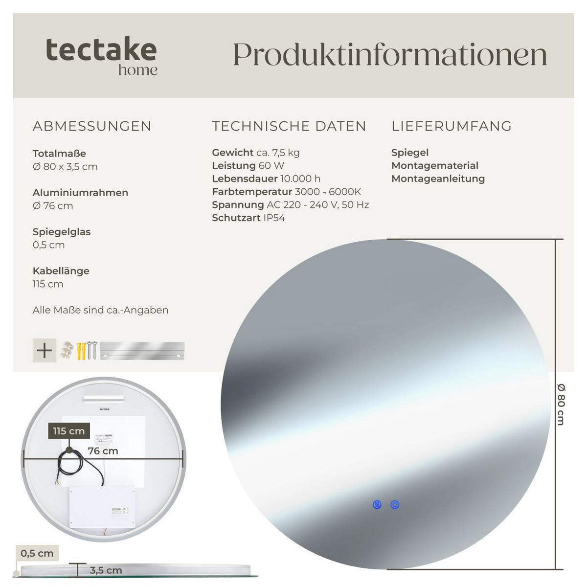 LED-BADEZIMMERSPIEGEL rund Aurora, inklusive Spiegelheizung, weiß - Weiß, Glas (80/80/3.5cm) - tectake