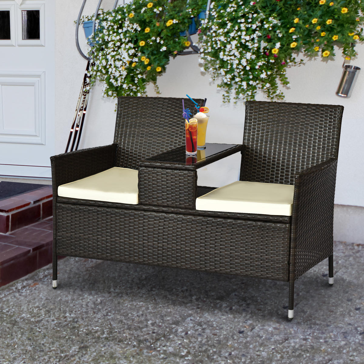 POLYRATTAN Gartenbank mit Tisch 2-Sitzer Stahl Braun B133 x T63 x H84cm - Braun, Kunststoff (63/84/133cm) - Outsunny