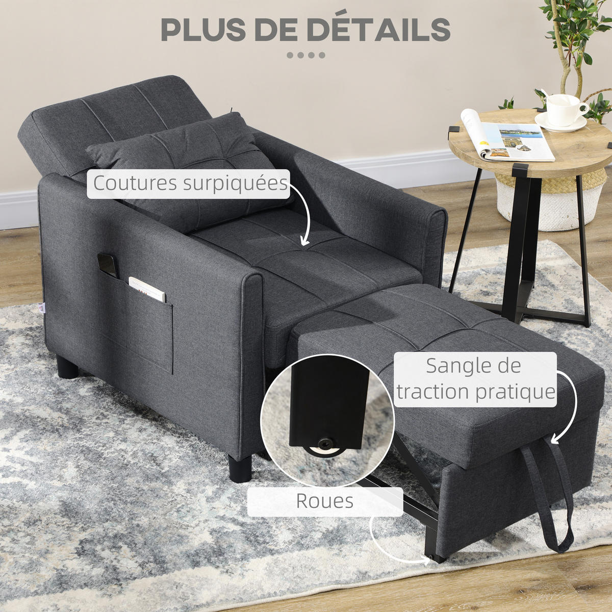 SCHLAFSESSEL 3-in-1 DE-14606 mit 3-fach verstellbarer Rückenlehne Grau - Grau, Metall (69/85/82cm) - ComfortXL