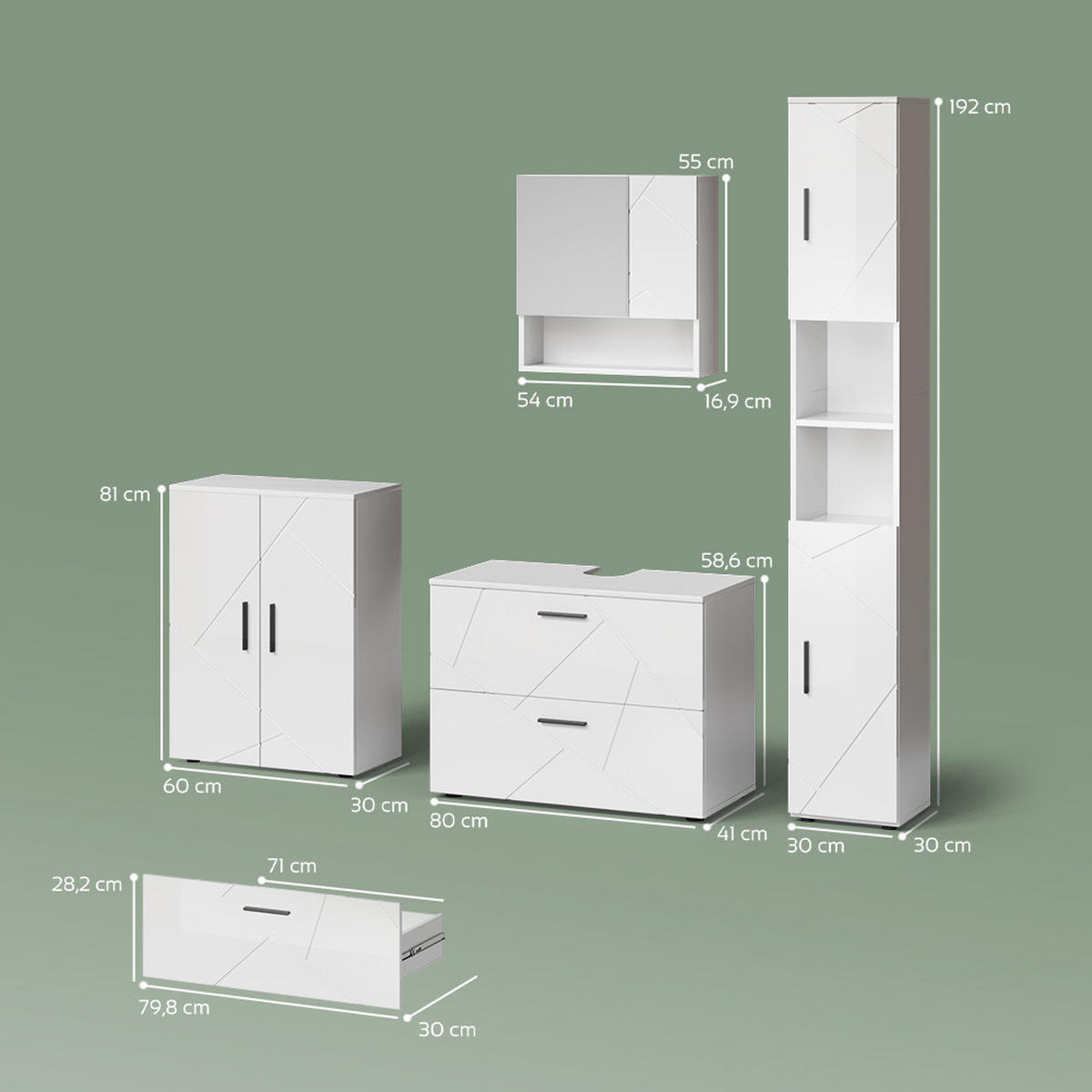 BADMÖBEL-SET Ronco Weiß Hochglanz 4 Teile, mit Schubladenschrank und Midischrank - Weiß Hochglanz/Weiß, Holzwerkstoff (80/58/41cm) - Livinity®