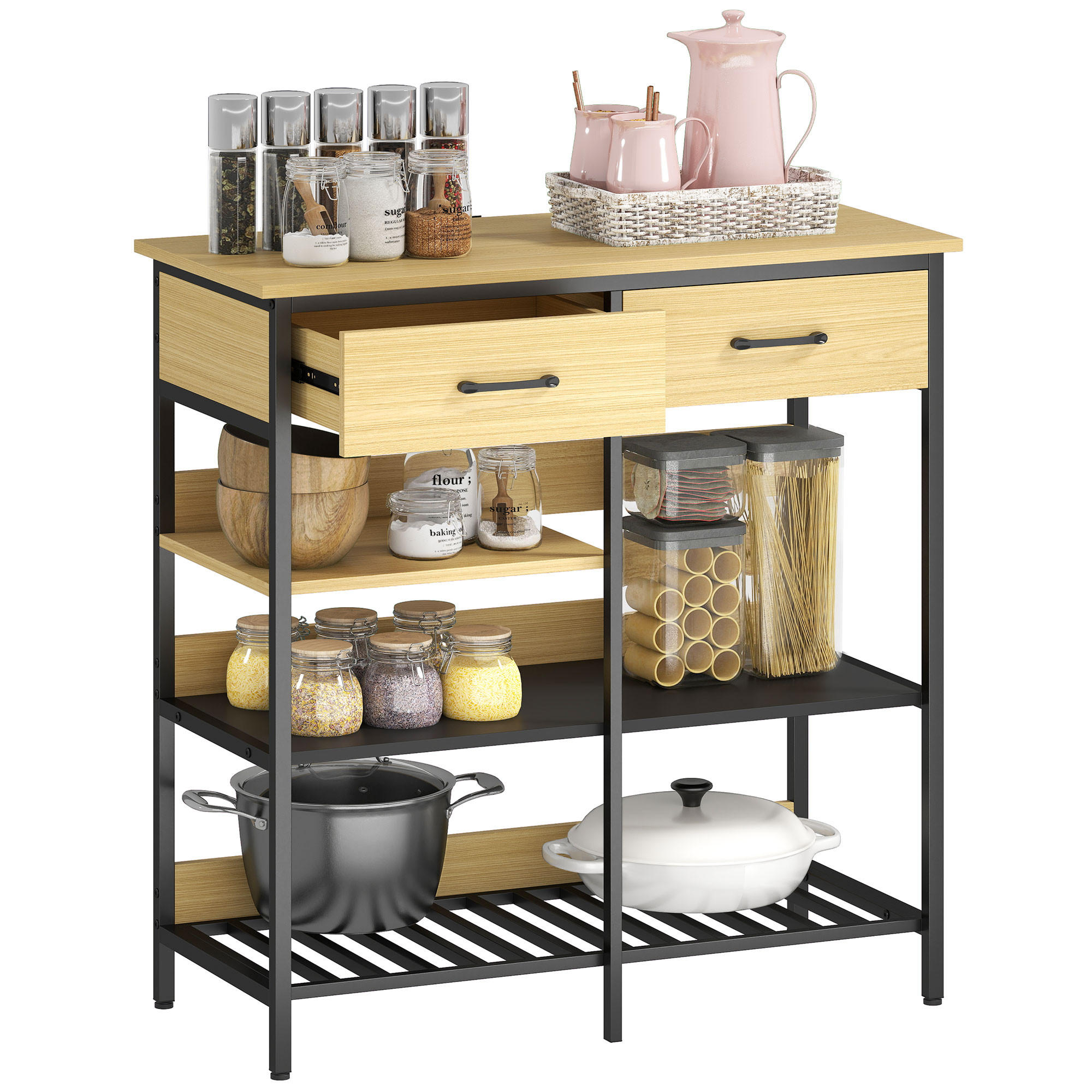 SIDEBOARD DE-08700 2 Schubladen & 3 offene Regale Naturholz - Naturfarben, Holzwerkstoff (90/91/40cm) - ComfortXL