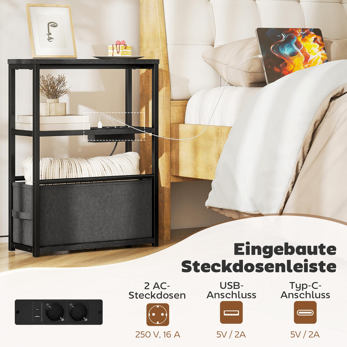 BEISTELLTISCH mit Steckdosenleiste USB & Type-C Ablage Schublade Stahlrahmen - Schwarz, Holzwerkstoff (45/18/60.2cm) - HOMCOM