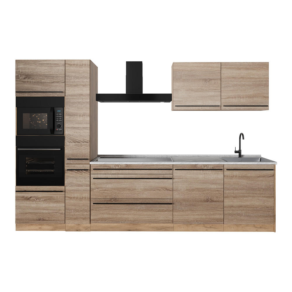 KÜCHENZEILE R-Line, Sonoma/Goldkraft Eiche, 310 cm Arbeitsplatte Marmor - Honigeiche/Sonoma Eiche, Holzwerkstoff (310/206.8/60cm) - Vicco