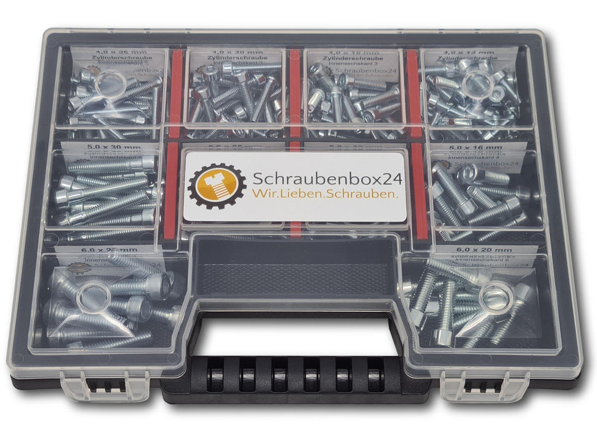 ZYLINDERSCHRAUBEN Sortiment M4-M5-M6 // 12mm-30mm 210 tlg. Schraubenbox DIN 912 / ISO 4762 - Zinkfarben, Metall (3.5cm) - Schraubenbox24