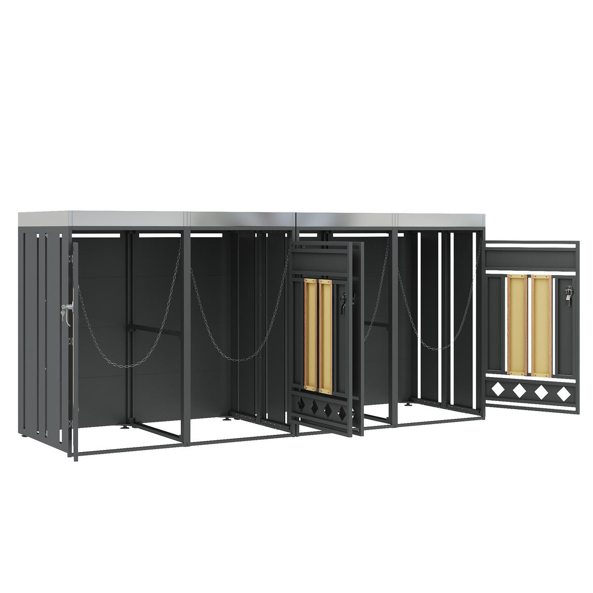 MÜLLTONNENBOX mit Pflanzkasten 4 Fächern Abschließbar Holzoptik - Grau, Metall (264/124/80cm) - PARAFTA HOME