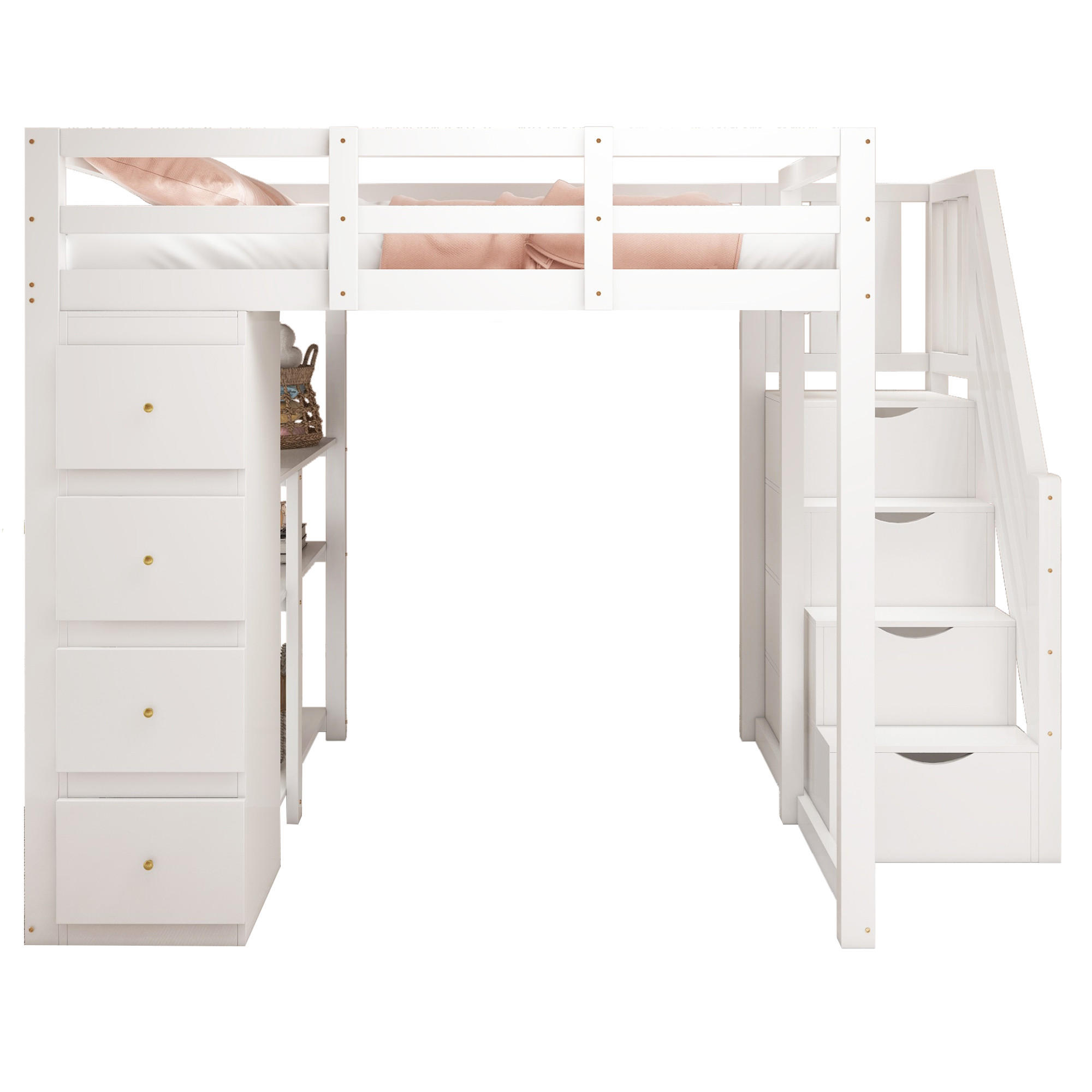 HOCHBETT 140/200 cm mit Stauraumschubladen, Regal und Sicherheitsleiter aus Holzwerkstoff, Weiß - Weiß, Holzwerkstoff (140/200cm) - Redom