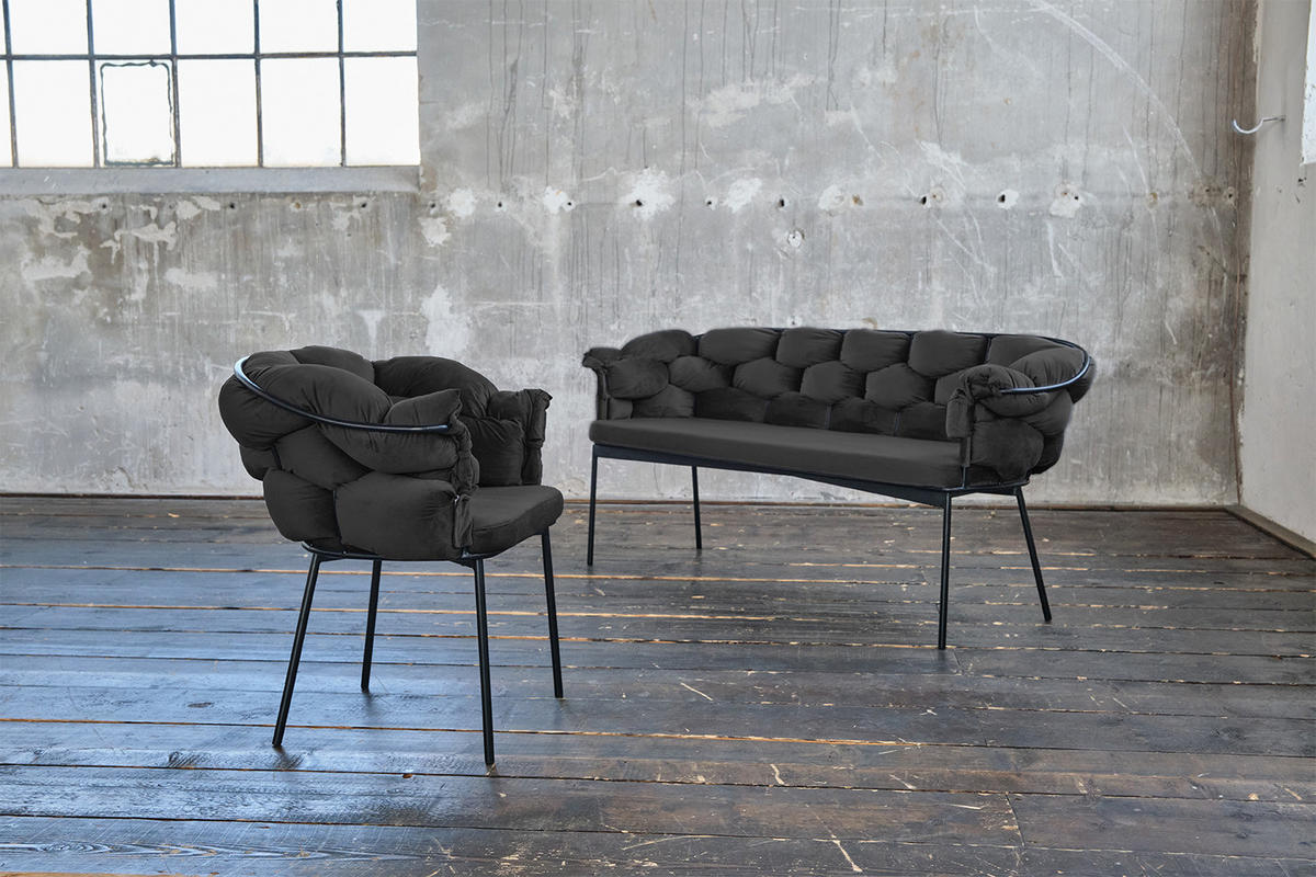SITZBANK MONTY Schwarz Velvet - Schwarz, Textil (180/78/62cm) - KAWOLA
