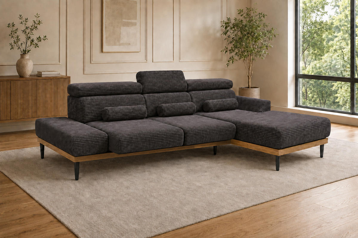 ECKSOFA MONTERO rechts, grau, elektr. Sitztiefe & Kopfstützen - Schwarz/Grau, Textil/Metall (316/205cm) - KS Home Concept