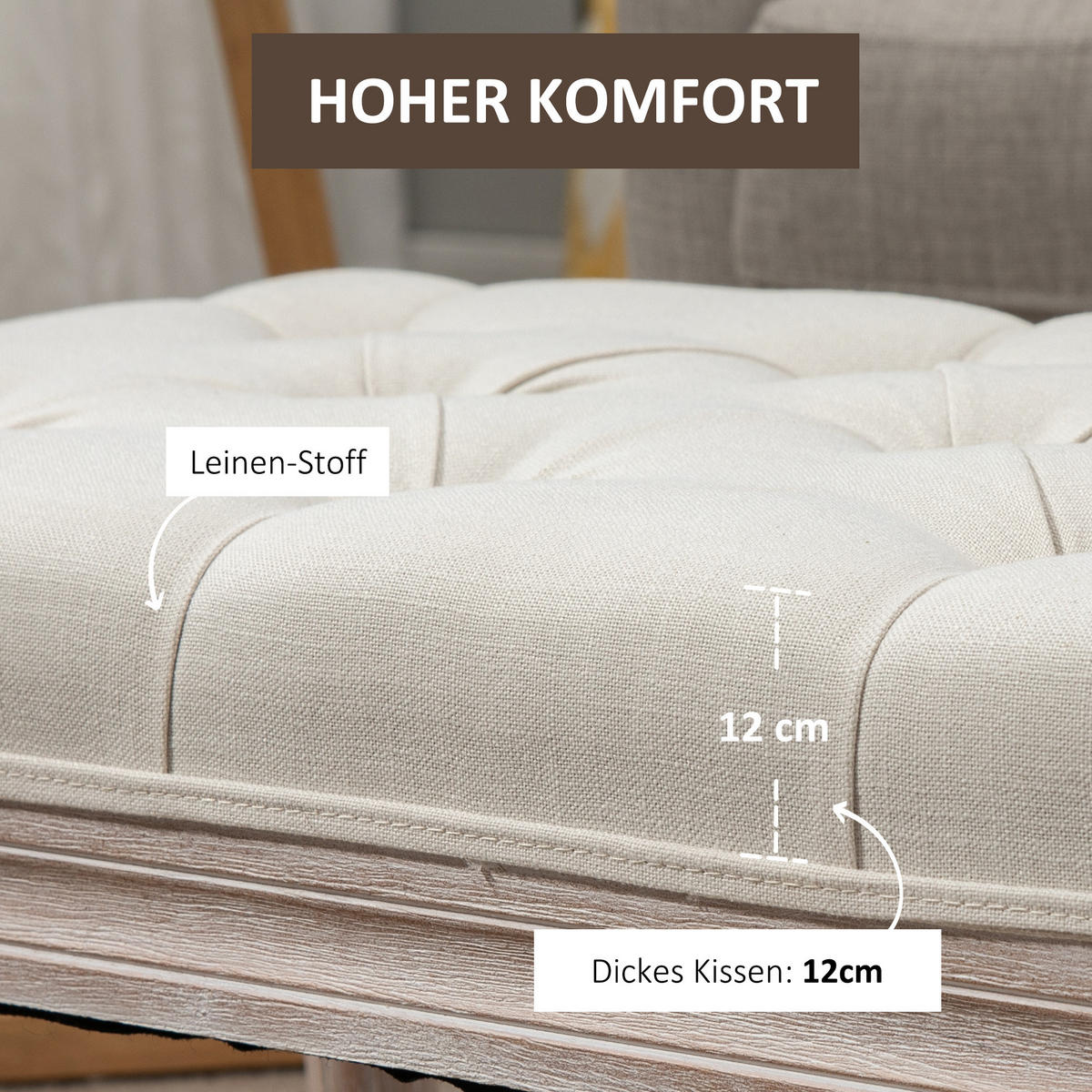 SITZHOCKER, Polsterbank mit Leinenoptik, Cremeweiß - Weiß, Kunststoff (80/43/40cm) - HOMCOM