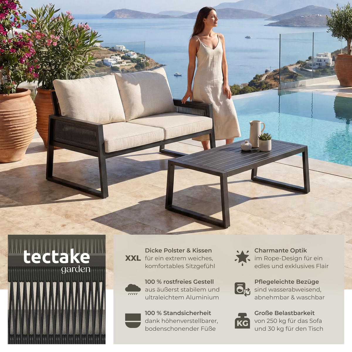 GARTENLOUNGE-SET 2-teilig Captive Aluminium Rope-Design inkl. Polster 126x76,5x85cm anthrazit - Anthrazit, Kunststoff/Metall - tectake