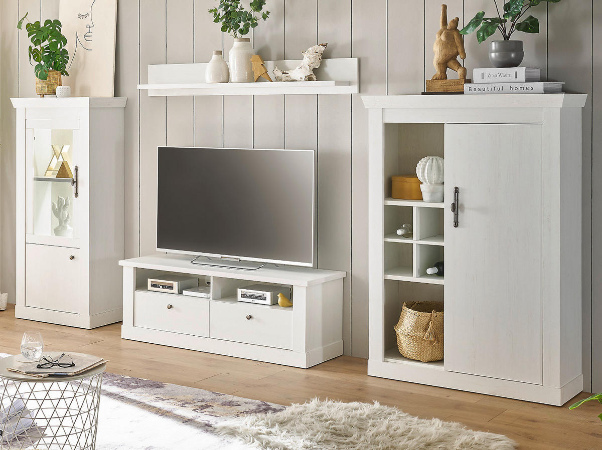 WOHNWAND weiß Pinie Landhaus, Wohnkombination 4-teilig, Soft-Close-Funktion - Silberfarben/Weiß, Holzwerkstoff/Metall (334/170/45cm) - Furn.Design