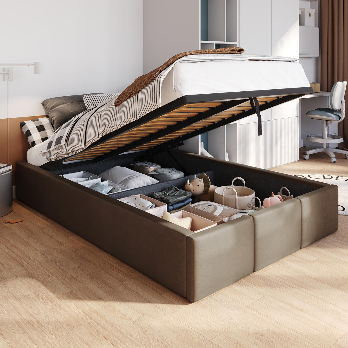 POLSTERBETT für Schlafzimmer Bett mit Stauraum Braun 120x200cm - Braun, Holzwerkstoff/Textil (120/200cm) - Muralo