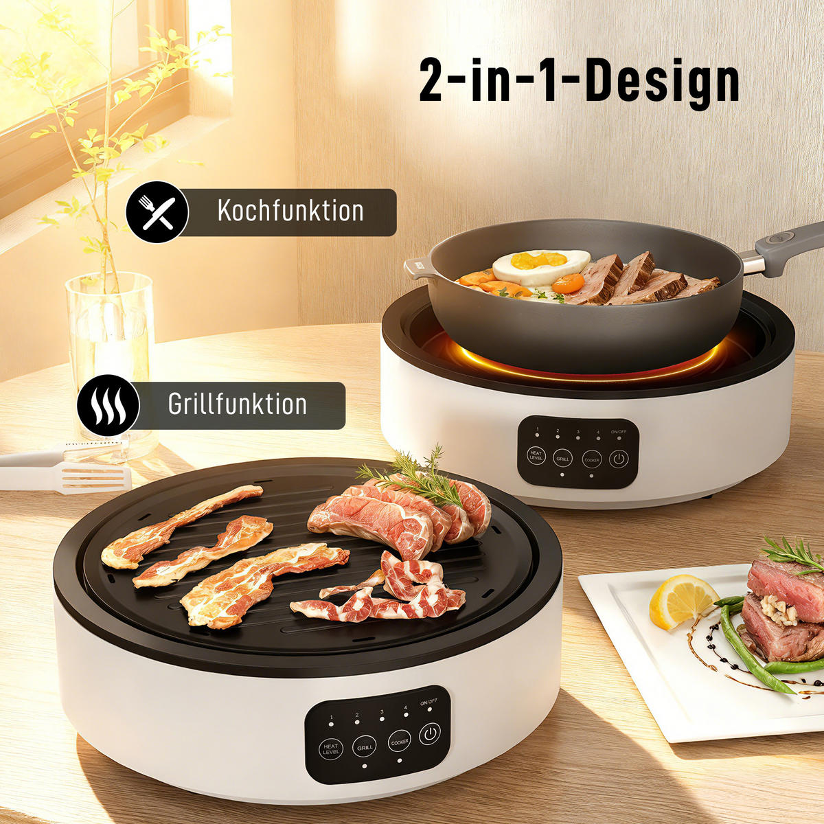 KERAMIKKOCHFELD DE-07930 2-in-1 mit Grill, 2000W Weiß - Weiß, Metall (34/10/36cm) - ComfortXL