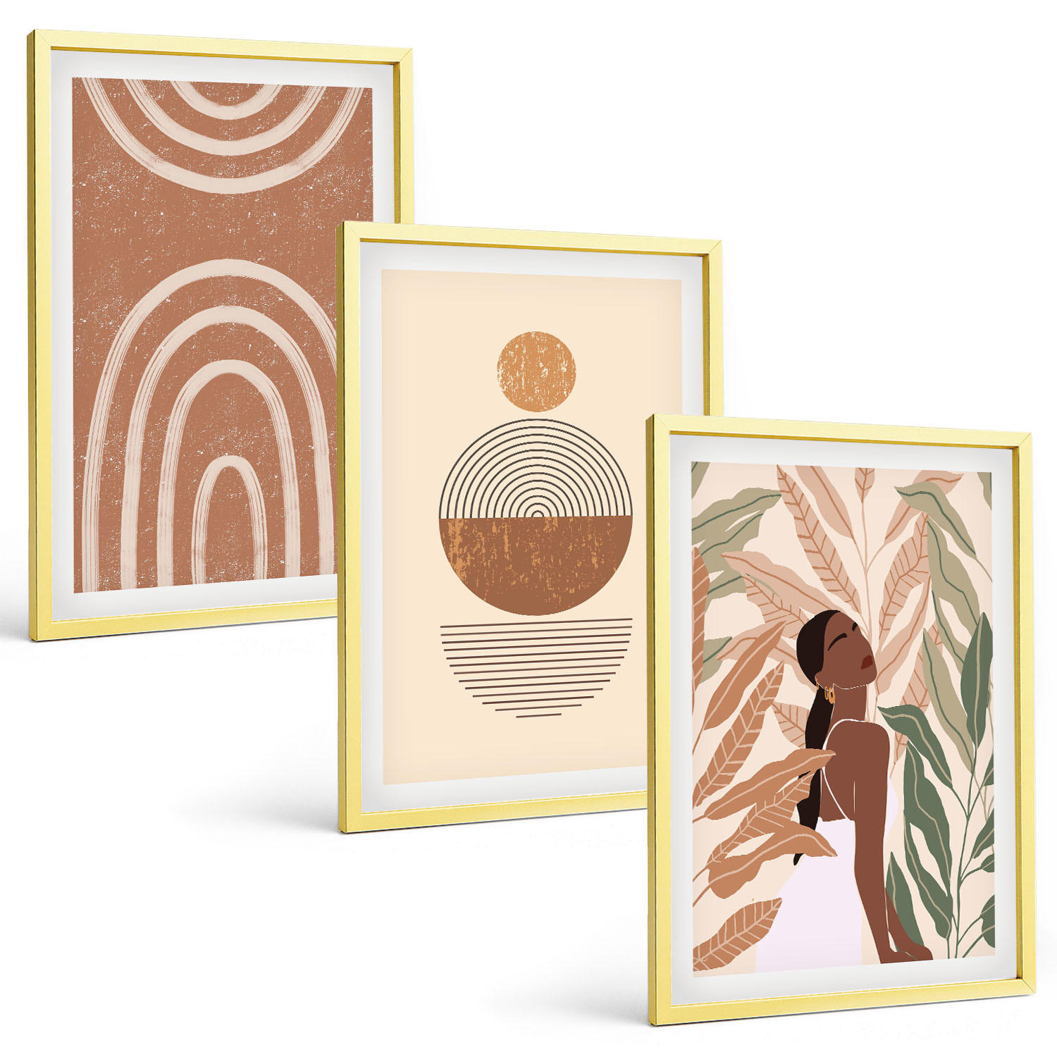 BILDER SET 3er Set - 40x60 cm Goldrahmen - Stilvolle Pflanzenmuster und Geometrie - Goldfarben, Kunststoff (40/60cm) - TULUP