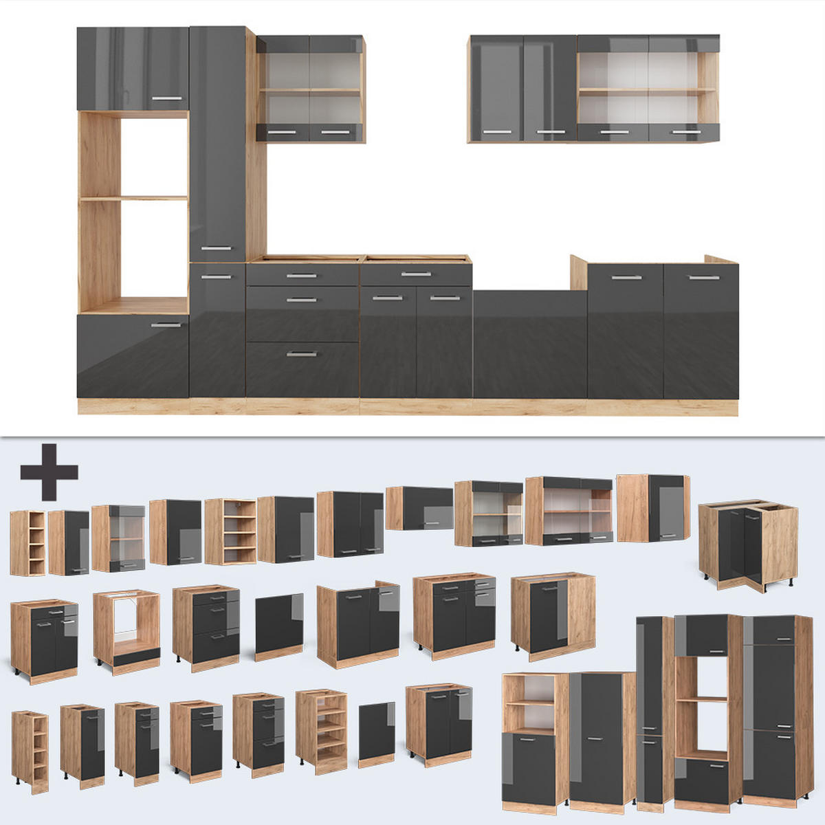 KÜCHENZEILE R-Line Anthrazit Hochglanz/Goldkraft Eiche 350 cm AP Anthrazit - Anthrazit/Eiche Wotan, Holzwerkstoff (350/81.6/60cm) - Vicco