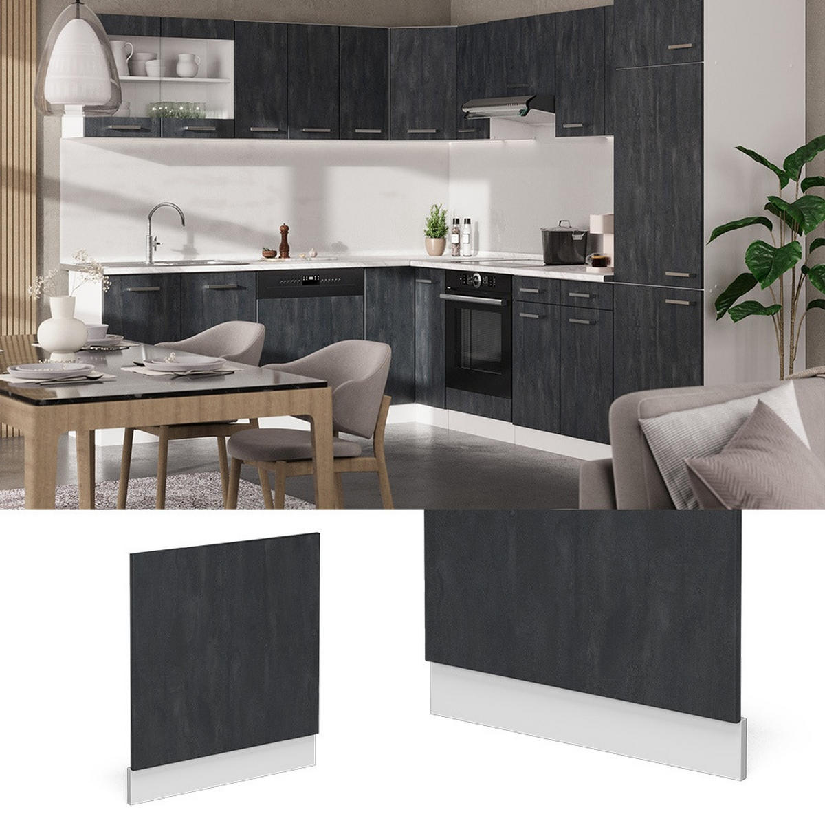 FRONTBLENDE R-Line Schwarz Beton 60 cm ohne Arbeitsplatte - Schwarz/Weiß, Holzwerkstoff (60/57.2/1.6cm) - Vicco