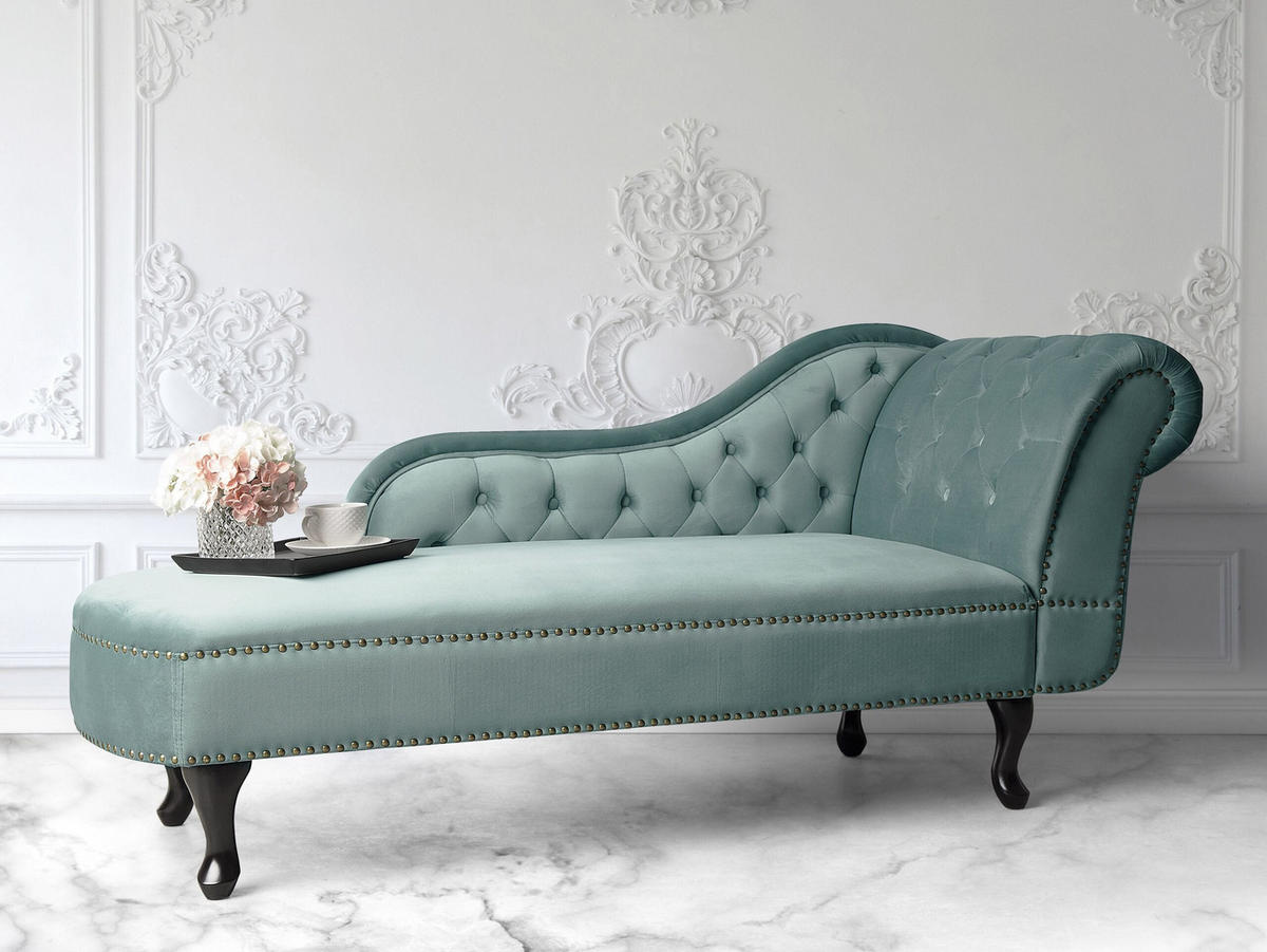 ČALOUNĚNÉ LEHÁTKO CHAISE LONGUE Sametová látka mátově zelené pravostranné Nimes - tmavě hnědá/mátově zelená, textil (169/79/65cm) - Beliani