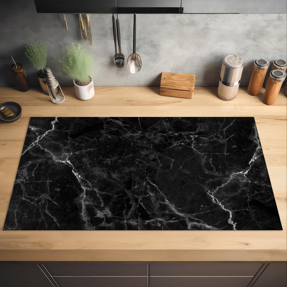 HERDABDECKPLATTE Marmor - Schwarz - Weiß - Textur - Marmoroptik 91x52 cm - Silberfarben, Kunststoff (91.6/0.2/52.7cm) - MuchoWow