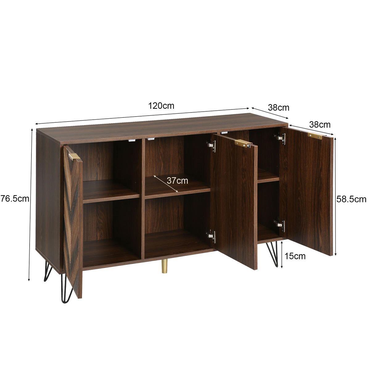 SIDEBOARD mit 3 Türen, Holzoptik mit goldenen Griffen und schwarzen Eisenfüßen, 120/38/76,5 cm,Naturfarben - Naturfarben, Holzwerkstoff (120/38/76.5cm) - Redom