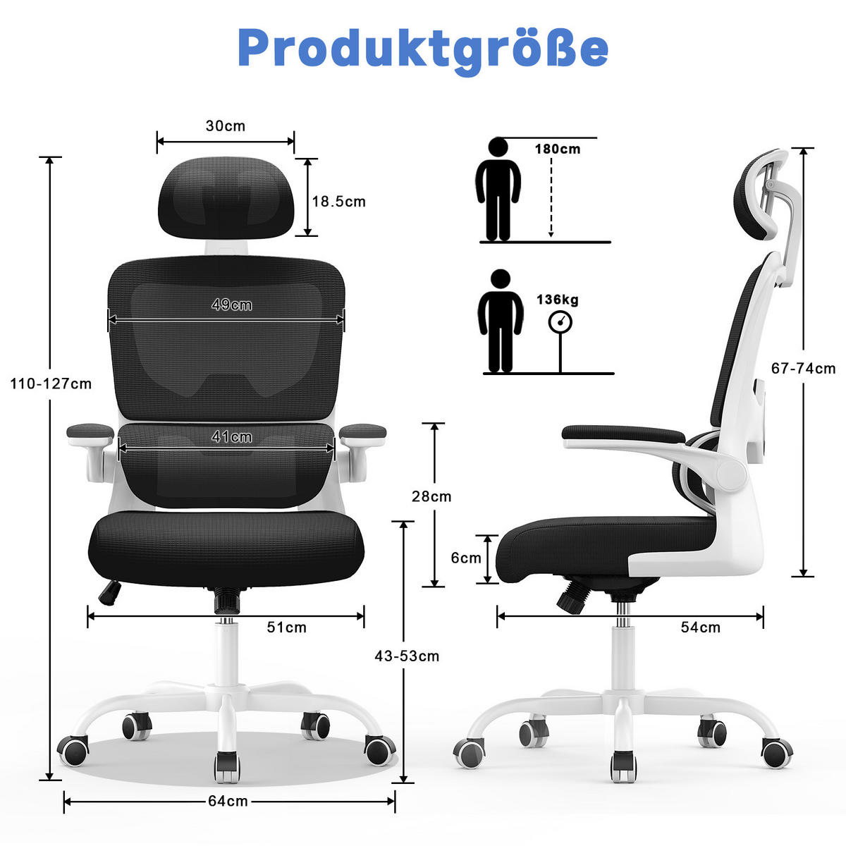 COMPUTERSTUHL drehbar, Wippfunktion – Weiß - Weiß, Metall (54/127/54cm) - Rattantree