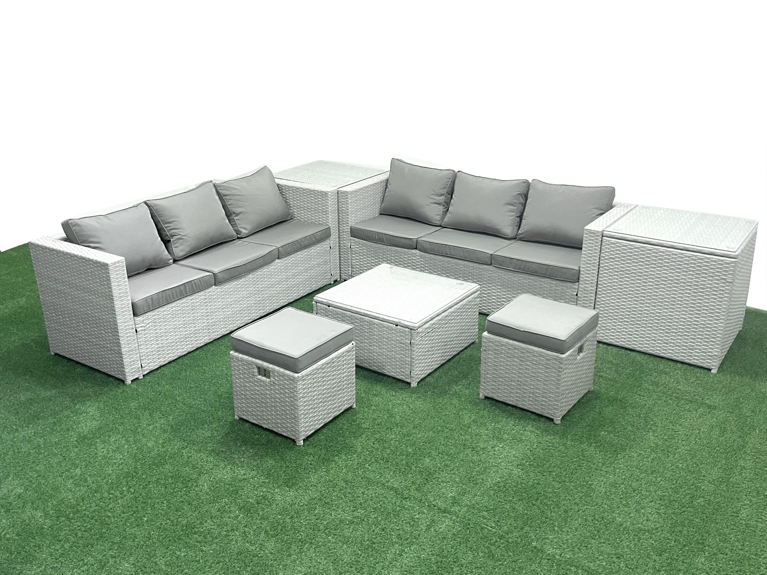 GARTENMÖBEL-SET mit Kissen Polyrattan Hellgrau-Mix 8-Sitzer - Hellgrau/Grau, Glas/Kunststoff - Fimous