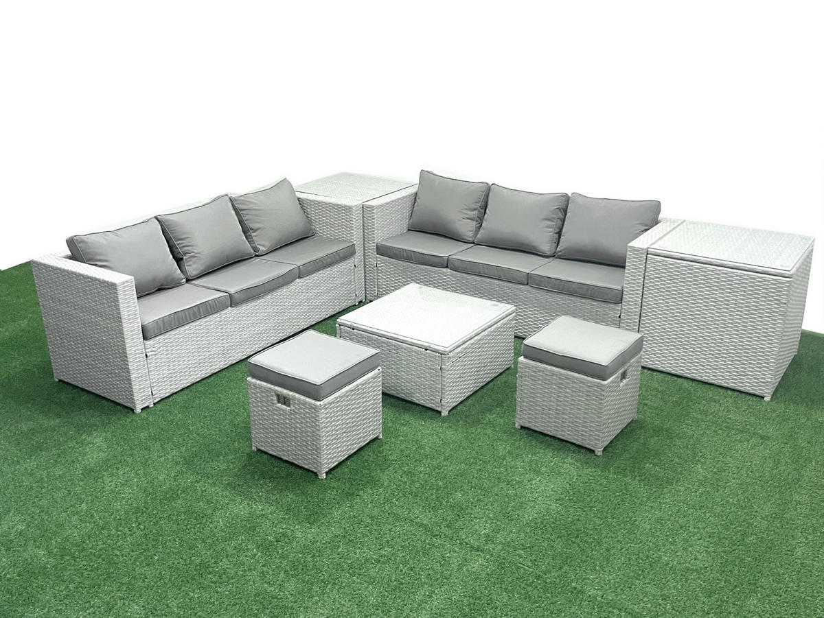 GARTENMÖBEL-SET mit Kissen Polyrattan Hellgrau-Mix 8-Sitzer - Hellgrau/Grau, Glas/Kunststoff - Fimous
