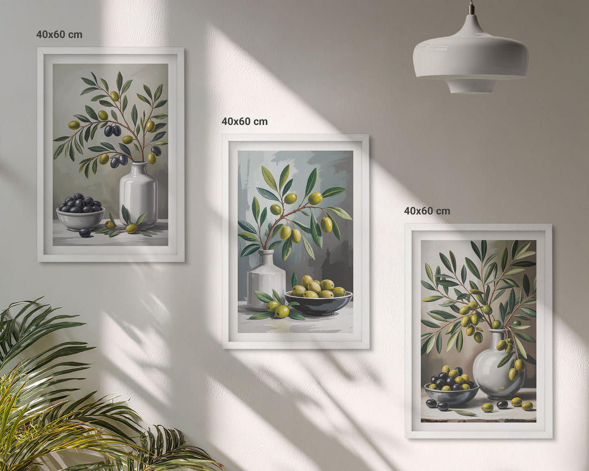 WANDBILDER 3er-Set - 40x60 cm Weißer Rahmen - Keramik olivgrau - Weiß, Kunststoff (40/60cm) - ArtPrintCave