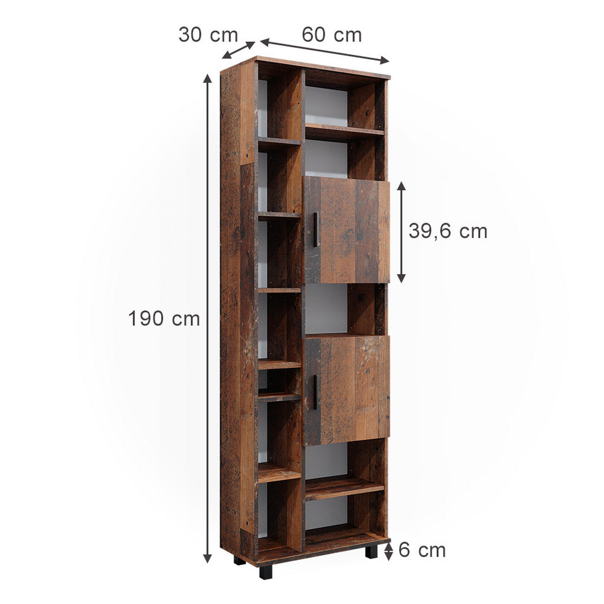 BADSCHRANK Ilias Eiche rustikal 60 x 190 cm mit Türen und offenen Fächern - Wildeiche, Holzwerkstoff (60/190/30cm) - Vicco
